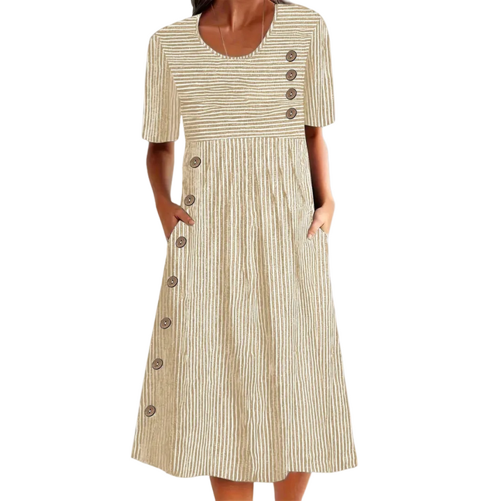 Damen Midi-Kleid mit Streifen | Luftiges Sommerkleid mit 3/4-Ärmeln &amp; lockerem Schnitt für Alltag, Freizeit &amp; Urlaub