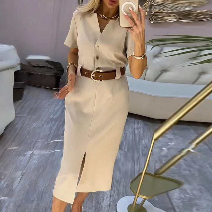 Midi-Hemdblusenkleid in Neutralton mit Knopfleiste &amp; Schlitz | vielseitig fürs Büro &amp; Wochenende | Maite Kleid