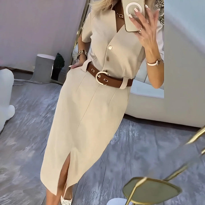 Midi-Hemdblusenkleid in Neutralton mit Knopfleiste &amp; Schlitz | vielseitig fürs Büro &amp; Wochenende | Maite Kleid
