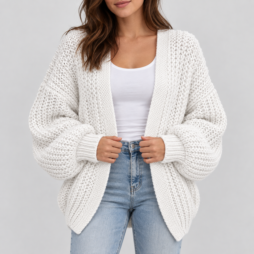 Damen Oversize Strickjacke mit Puffärmeln | Grobstrick Cardigan mit offener Front und weiter Passform für Herbst und Winter