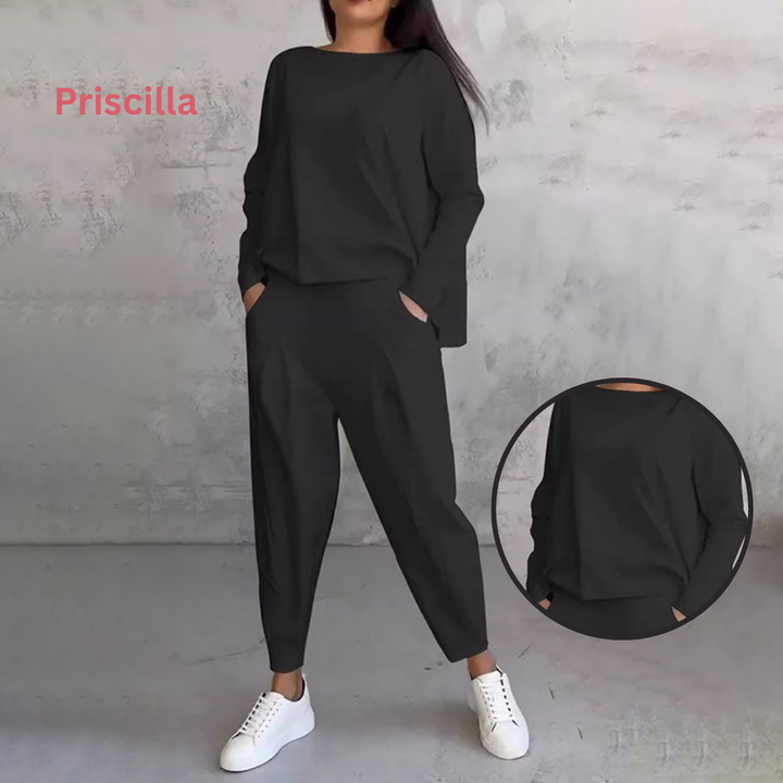 Damen 2-teiliges Set mit Rundhals &amp; Langarm | Bequem &amp; modern für Alltag | Hose mit Taschen, S–3XL, atmungsaktiv