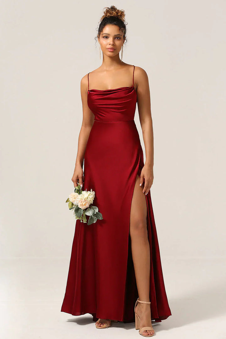 Maxi-Abendkleid Damen mit Drapé-Ausschnitt &amp; Spaghettiträgern | Offener Rücken mit Schnürung | Hoher Beinschlitz, S–XXL