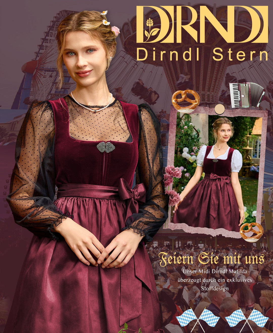 Dirndl Midi Damen | Samtdirndl mit 60 cm Rocklänge und Dirndlschürze für Oktoberfest und Volksfest