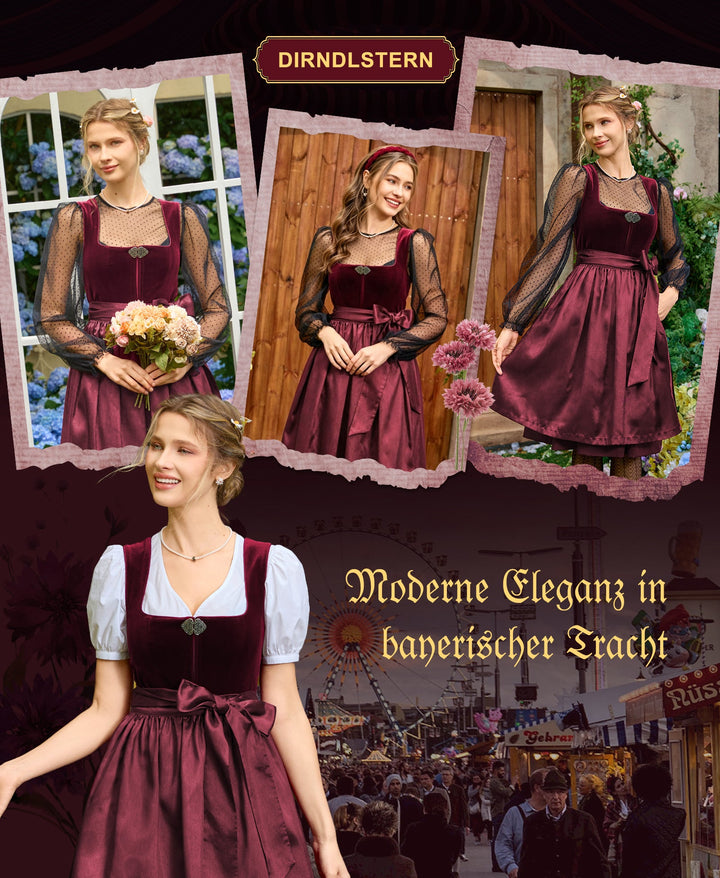Dirndl Midi Damen | Samtdirndl mit 60 cm Rocklänge und Dirndlschürze für Oktoberfest und Volksfest