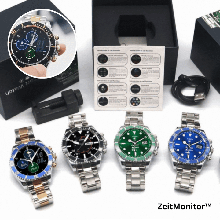 Montre connectée écran HD 1,28 pouce | Lunette rotative &amp; appels Bluetooth | Fréquence cardiaque, sommeil, modes sport, bracelet acier inoxydable