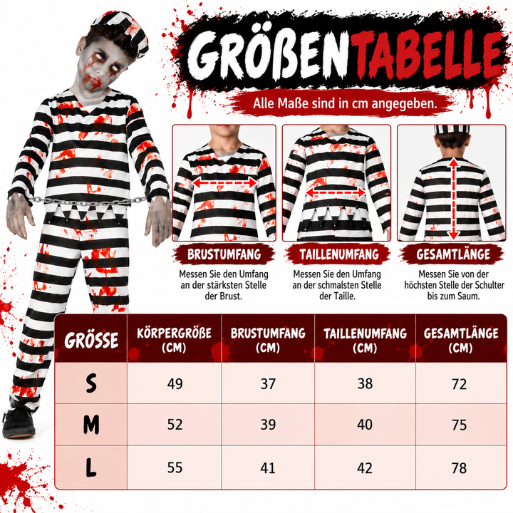 Jungen Zombie Gefangenen Kostüm Schwarz Weiß | Halloween Sträfling Kostüm mit Shirt, Hose, Mütze und Handfesseln