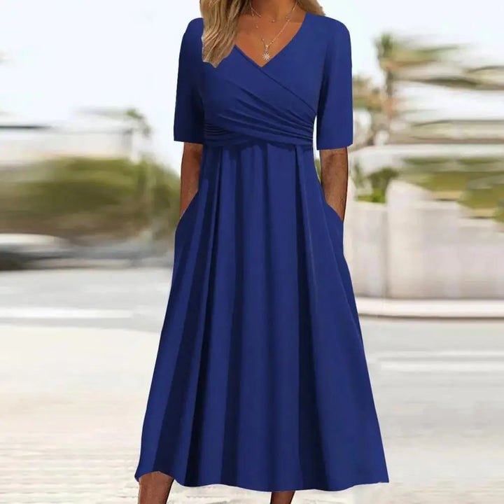 Elegantes Midikleid mit V-Ausschnitt &amp; Falten | Luftiges Damenkleid mit Taschen | Vielseitiges Kleid für Alltag &amp; besondere Anlässe