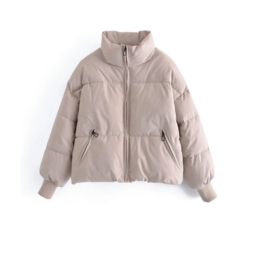 Damen Winterjacke mit hohem Kragen | Gepolsterte wasserabweisende Jacke mit Taschen, Rippbündchen und verstellbarem Saum