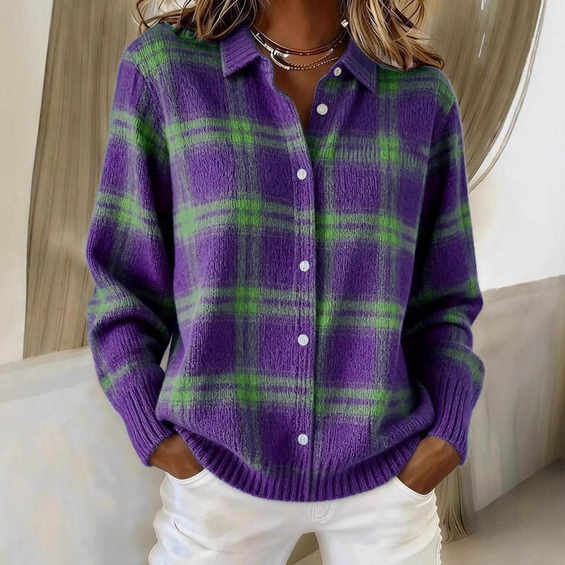 Damen Cardigan | Karomuster mit Knopfleiste &amp; Hemdkragen für Herbst und Winter