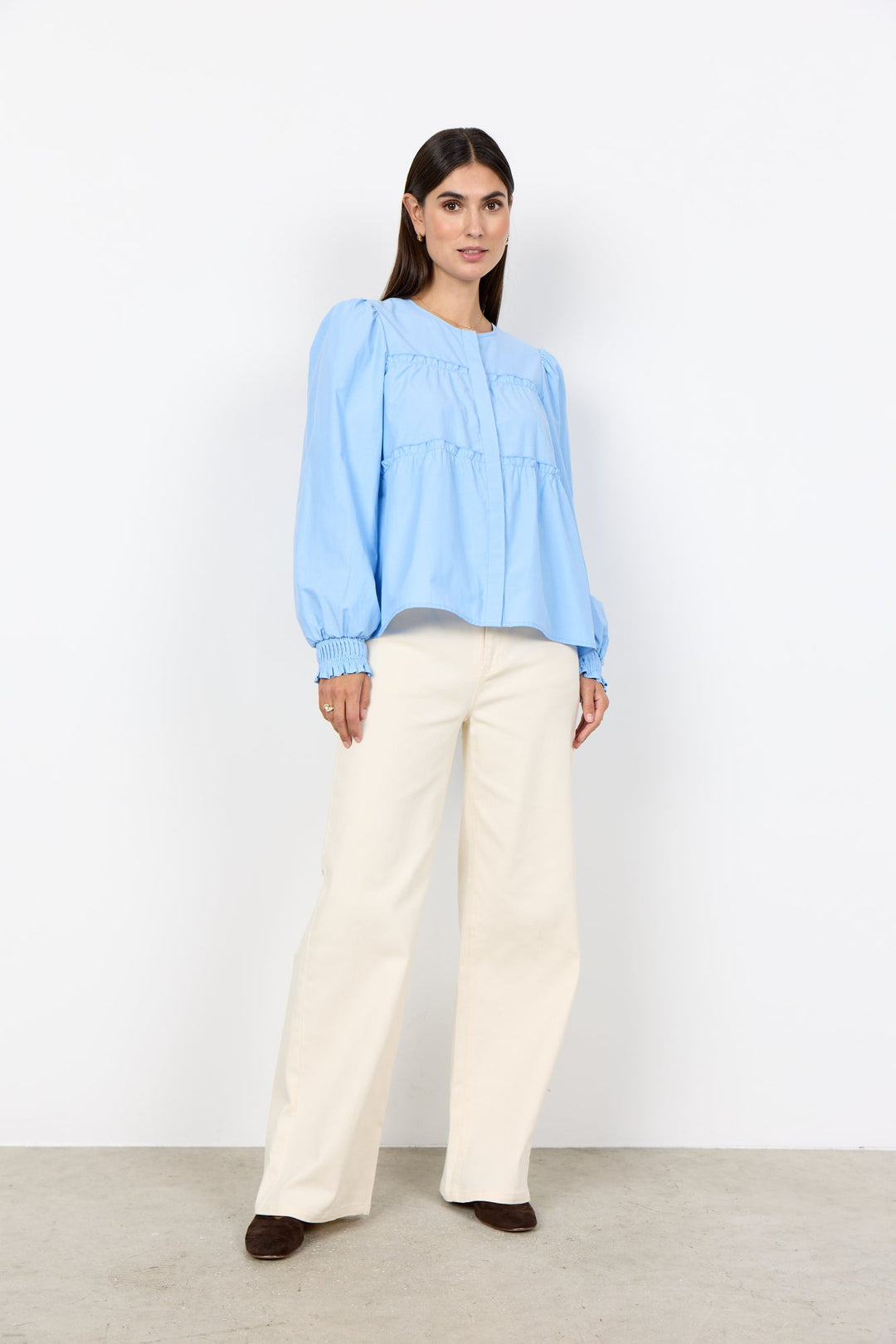Damen Bluse | Bluse mit Rundhalsausschnitt, Rüschendetails und elastischen Manschetten