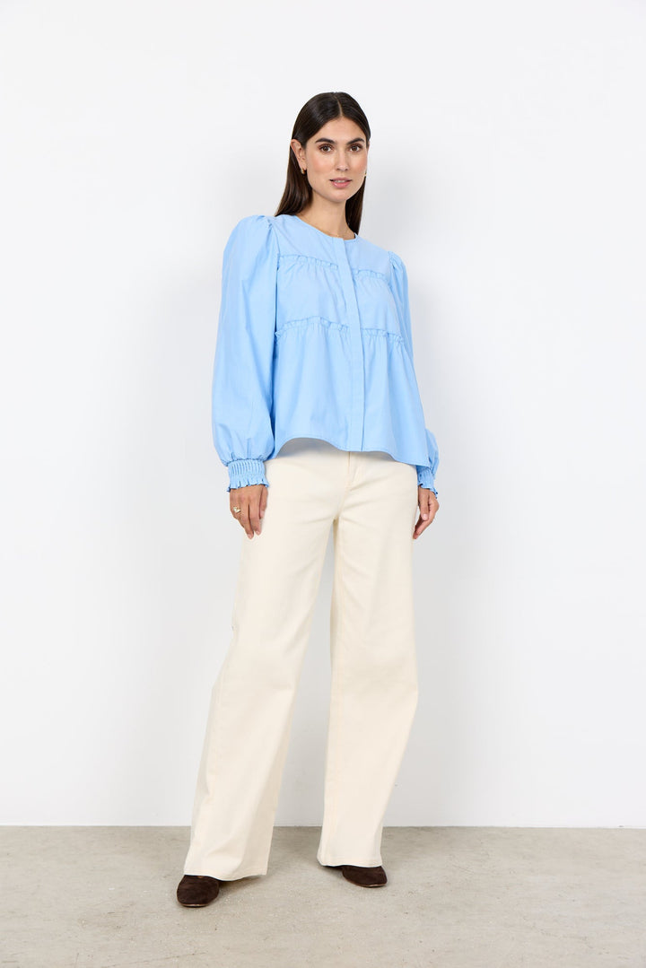Damen Bluse | Bluse mit Rundhalsausschnitt, Rüschendetails und elastischen Manschetten