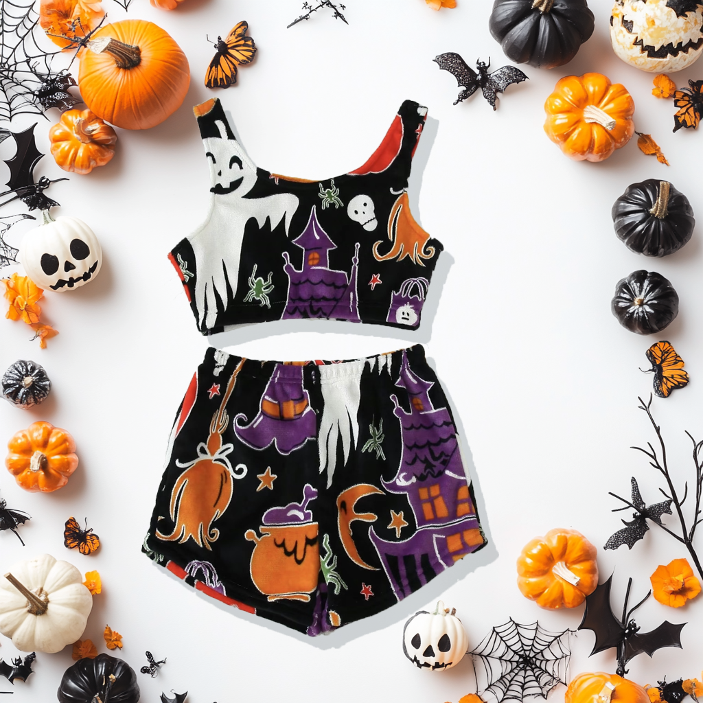 Dámska pyžamová súprava Halloween s potlačou duchov | dlhý rukáv + nohavice | teplá, mäkká a pohodlná na jesenné večery