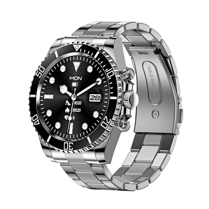 Montre connectée écran HD 1,28 pouce | Lunette rotative &amp; appels Bluetooth | Fréquence cardiaque, sommeil, modes sport, bracelet acier inoxydable
