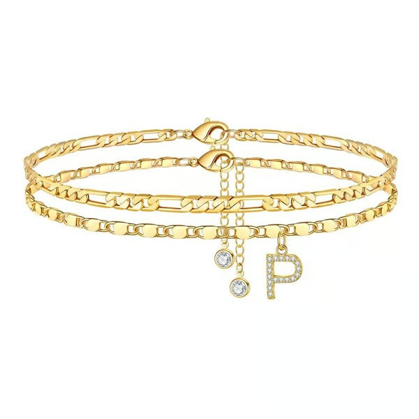 Chaîne de cheville lettres multicouches et réglable | Hypoallergénique, sans nickel ni plomb | Or/argent | 21,5 cm + 5 cm