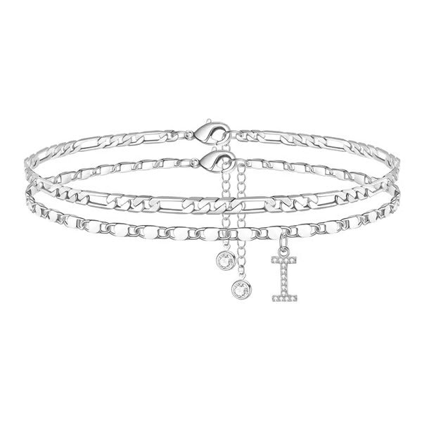 Chaîne de cheville lettres multicouches et réglable | Hypoallergénique, sans nickel ni plomb | Or/argent | 21,5 cm + 5 cm