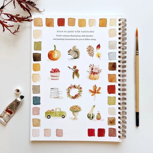 Cahier de travail aquarelle pour débutants | 12 motifs avec guide étape par étape | Papier 120 lb, 6,5"×9", mélange et peinture