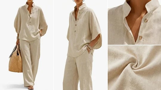 Damen Leinen-Set | Zweiteilig mit weiter Hose | Lockerer Leinen-Baumwollmix | Bequem &amp; luftig für Alltag, Urlaub &amp; Sommer