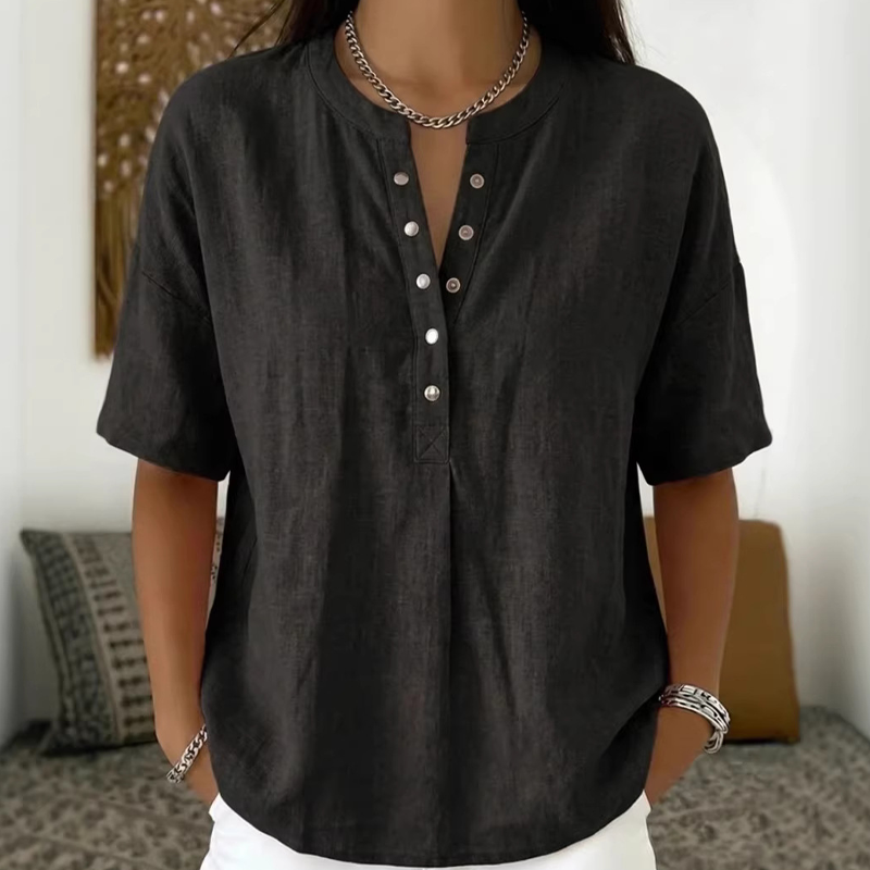 Damen Leinenpullover aus Baumwoll-Leinen-Mix | Lockeres Langarmshirt mit Knopfausschnitt | Leicht &amp; Atmungsaktiv