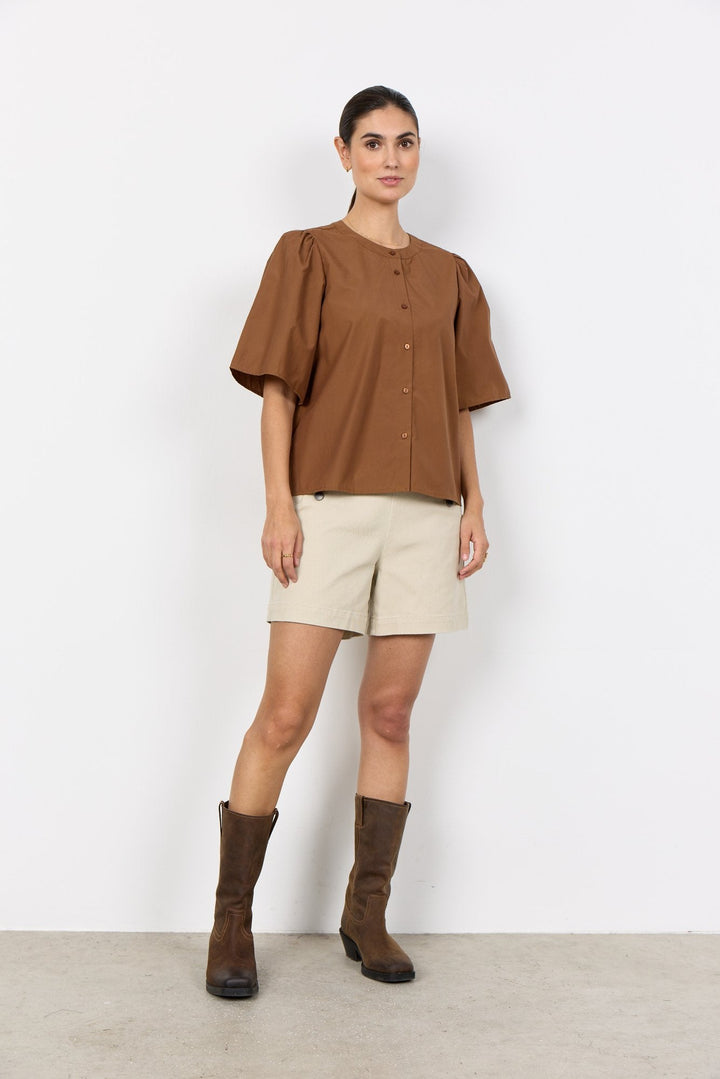 Damen Bluse | Kurzarmbluse mit Rundkragen, Knopfverschluss und geradem Schnitt
