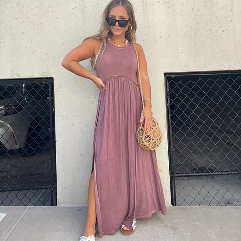 Damen Maxikleid mit Schlitz | luftiges Sommer Tankkleid mit Empire-Taille | Stufenrock &amp; Spitzensaum | locker fallend
