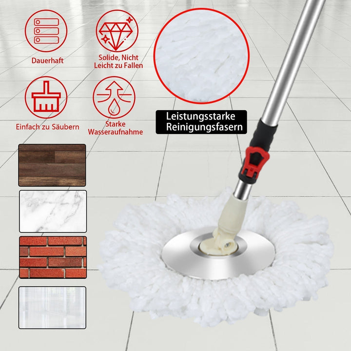 Wischmopp-Set mit Eimer | 360° Bodenwischer mit Zwei-Zonen-System | 3 Mikrofaserbezüge &amp; Teleskopstiel