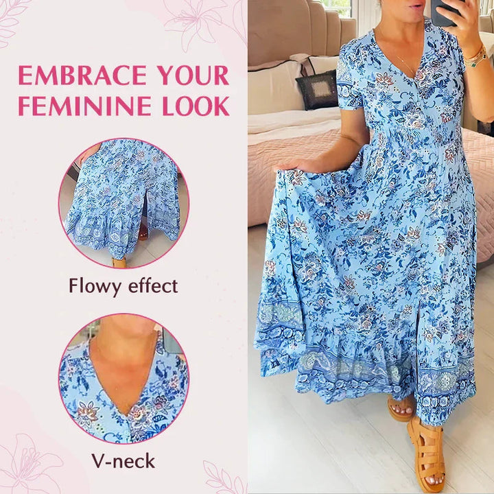 Schmeichelndes Sommerkleid aus Stretch-Baumwollmischung | V-Ausschnitt für feminine Linie | Bequem &amp; vielseitig | Größen XS–5XL