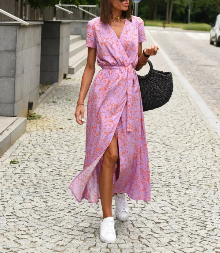 Damen Wickelkleid mit Blumenmuster | Luftiges Sommerkleid mit V-Ausschnitt | Verstellbare Taille &amp; Fließende Passform