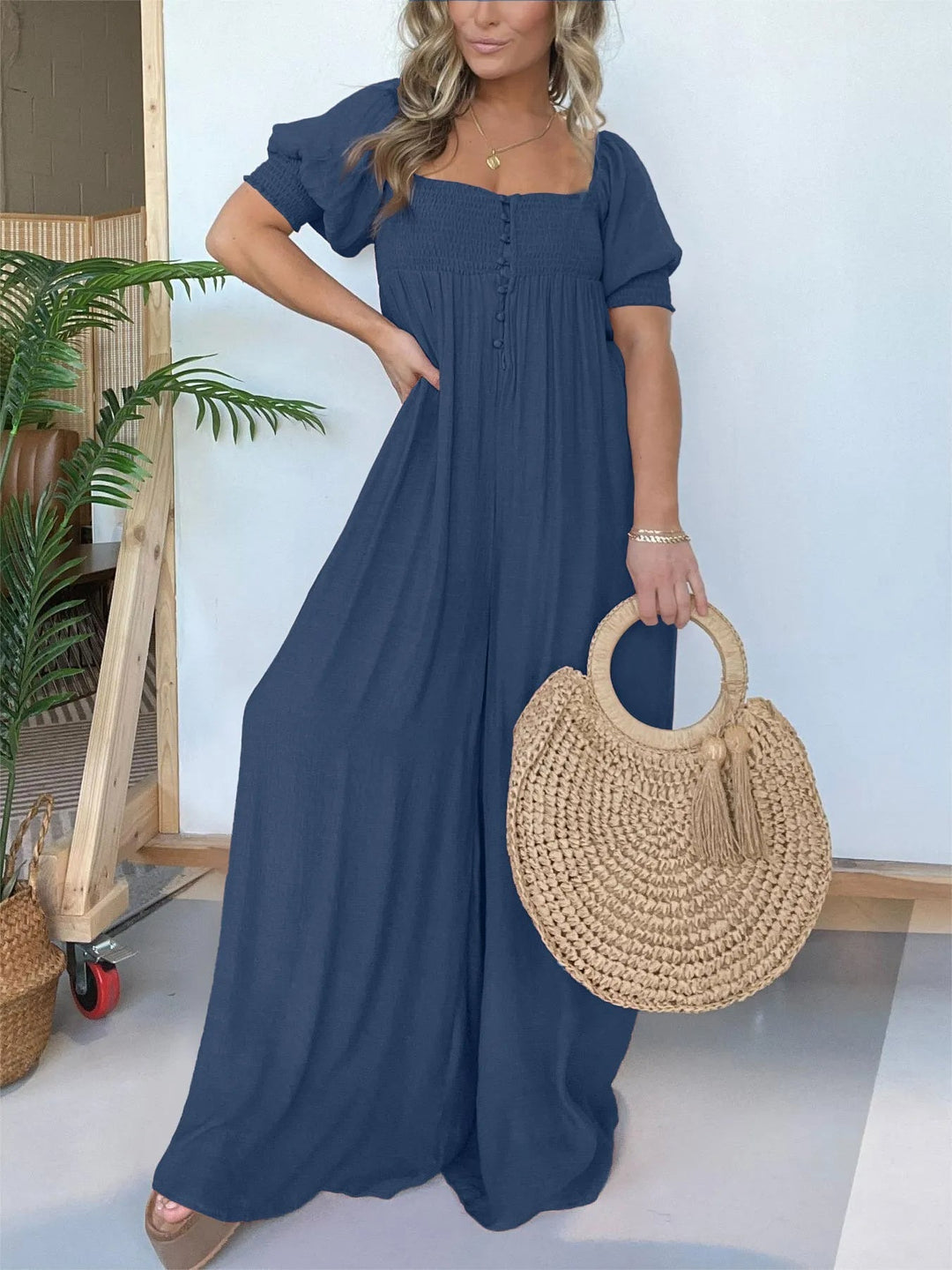 Damen Jumpsuit mit quadratischem Ausschnitt | gesmocktes Oberteil &amp; Taschen | locker-lässig, Coco-Muster | ideal für Sommer &amp; Urlaub