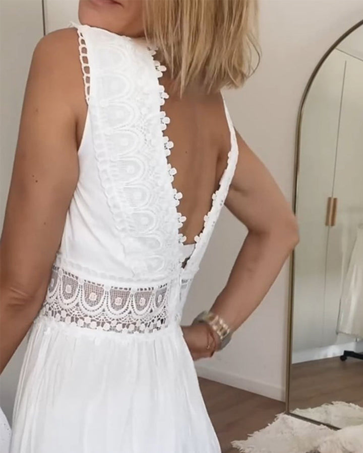 Sommerkleid Damen | Maxikleid mit V-Ausschnitt, Spitzen-Details und fließender Silhouette für warme Tage