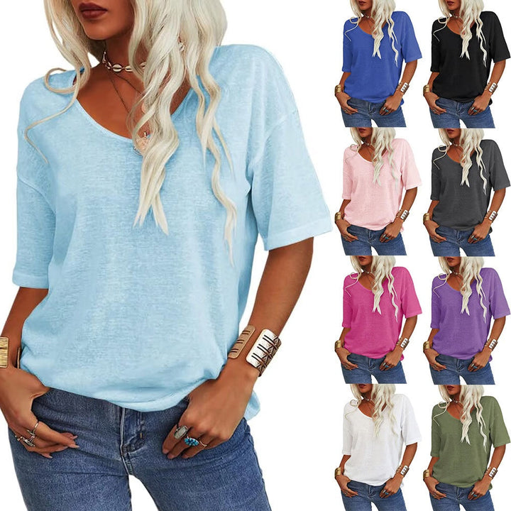 Damen V-Ausschnitt T-Shirt mit längeren Ärmeln | Lockerer Schnitt, blickdicht &amp; luftig | Sommer Shirt S–5XL