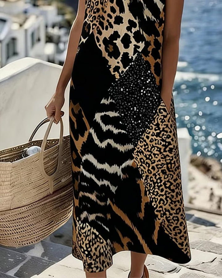 Damen Midi Kleid mit Leopardenmuster | Ärmelloses Shiftkleid aus Baumwollmischung | Luftiger Sommer-Look
