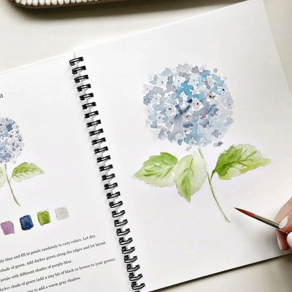 Cahier de travail aquarelle pour débutants | 12 motifs avec guide étape par étape | Papier 120 lb, 6,5"×9", mélange et peinture