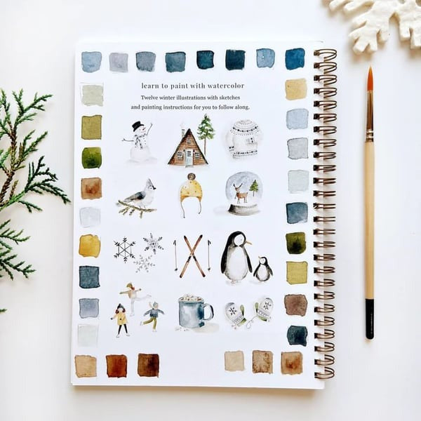 Cahier de travail aquarelle pour débutants | 12 motifs avec guide étape par étape | Papier 120 lb, 6,5"×9", mélange et peinture