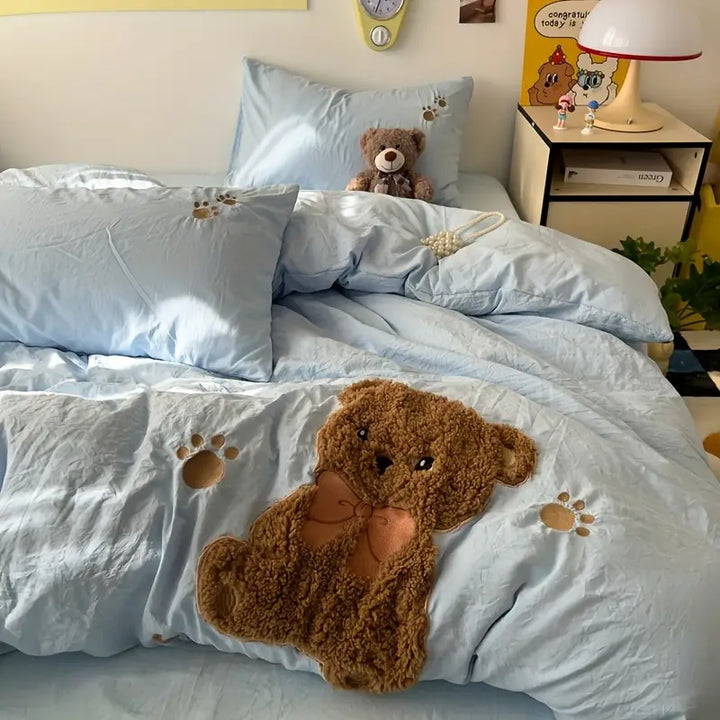 Teddy Bär Bettwäsche-Set 4-teilig | Kuschelige Bettwäsche mit Bettbezug, Spannbettlaken und 2 Kissenbezügen | Waschbar