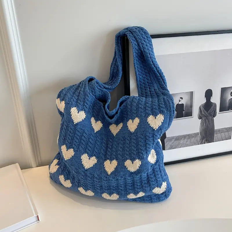 Stricktasche | Nachhaltige Einkaufstasche mit Herzmuster für Alltag und Shopping