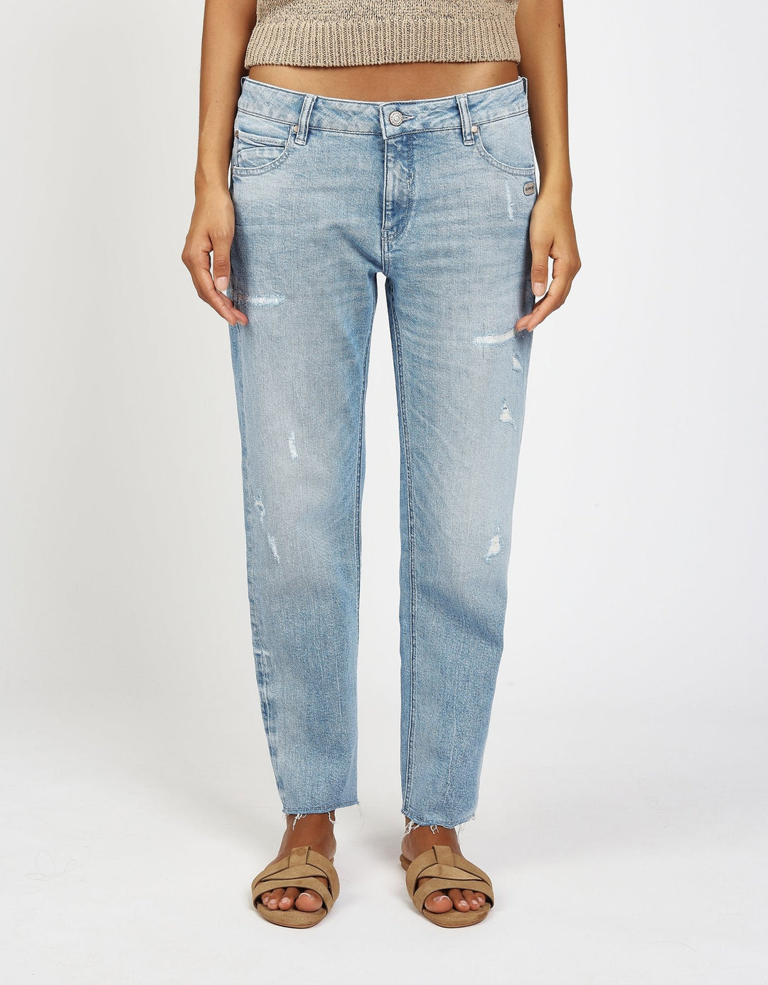 Jeanshose | Boyfriend Fit mit Mid Waist, Cropped Länge und Destroyed-Look