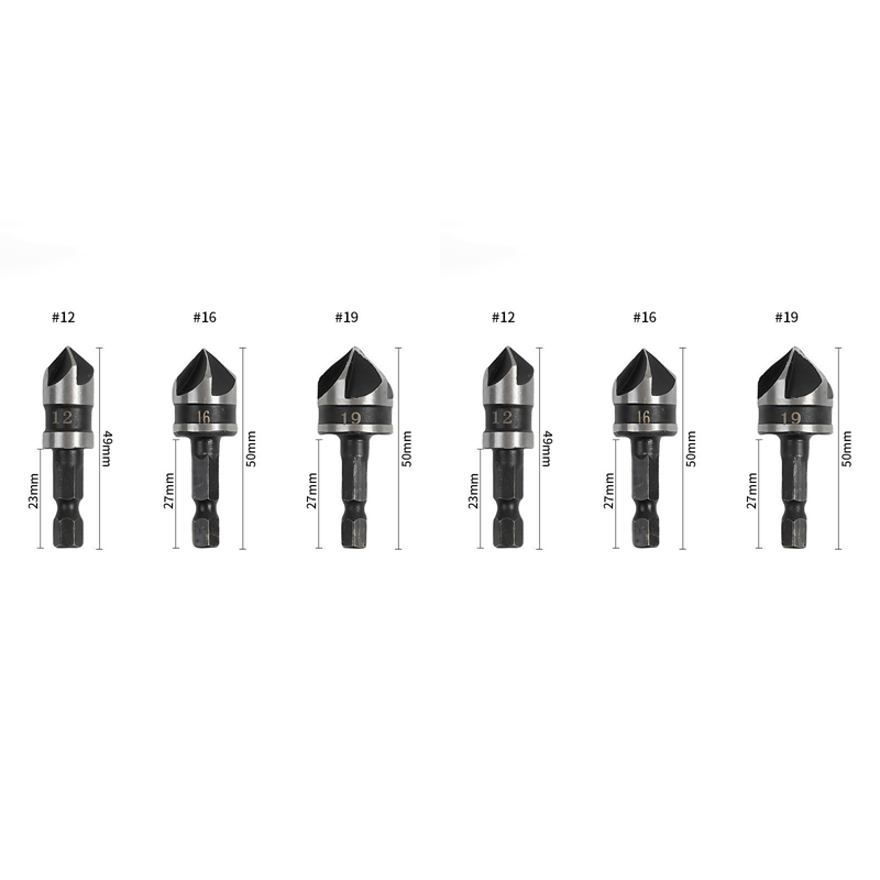 Countersink drill bit set with hex shank | Clean, splinter-free holes &amp; smooth edges | 5 flutes for chip removal | Carbon steel | 3- or 5-piece