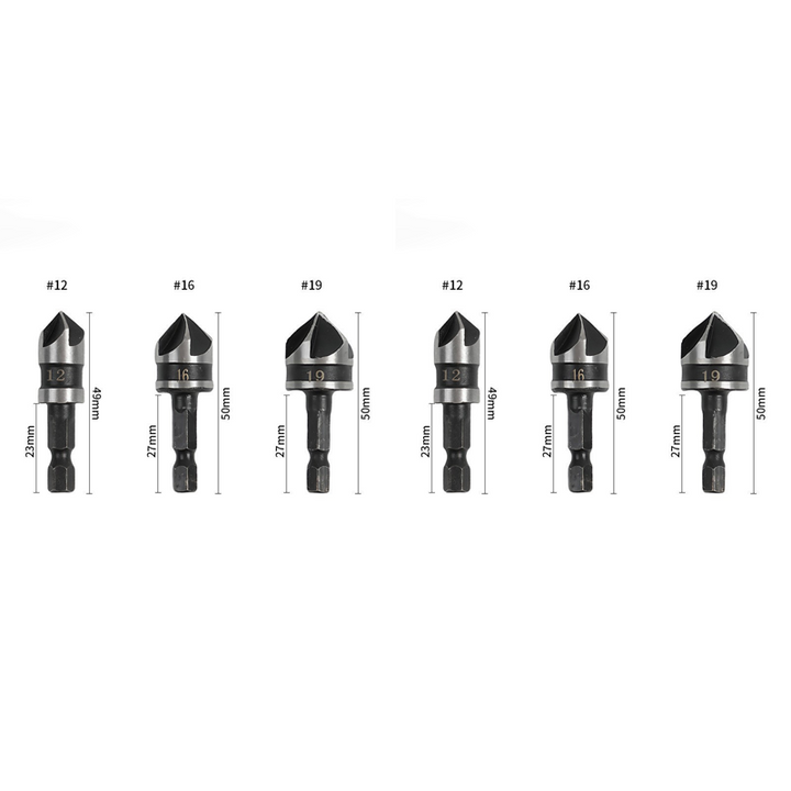 Countersink drill bit set with hex shank | Clean, splinter-free holes &amp; smooth edges | 5 flutes for chip removal | Carbon steel | 3- or 5-piece