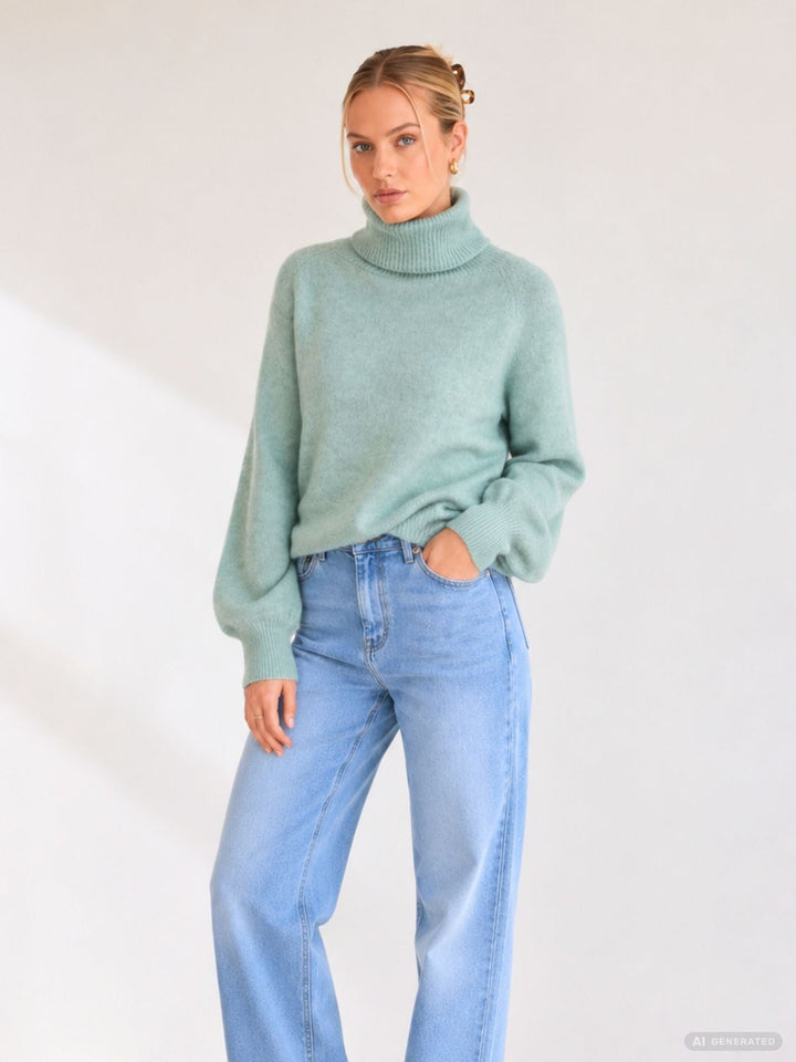 Damen Rollkragenpullover in Aqua Gray Melange | Weicher Strickpullover mit Rippbündchen, Regular Fit und wärmender Wollmischung