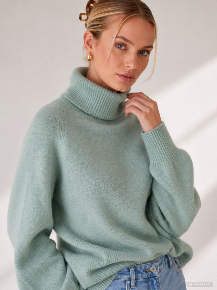 Damen Rollkragenpullover in Aqua Gray Melange | Weicher Strickpullover mit Rippbündchen, Regular Fit und wärmender Wollmischung