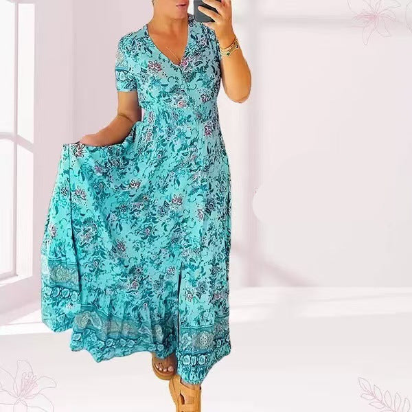 Schmeichelndes Sommerkleid aus Stretch-Baumwollmischung | V-Ausschnitt für feminine Linie | Bequem &amp; vielseitig | Größen XS–5XL