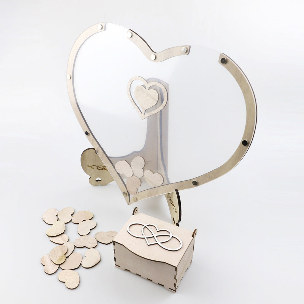 Libro degli ospiti per matrimoni a forma di cuore con cornice | decorazione ricordo con circa 80 cuori in legno | include supporto | 32×38×16 cm