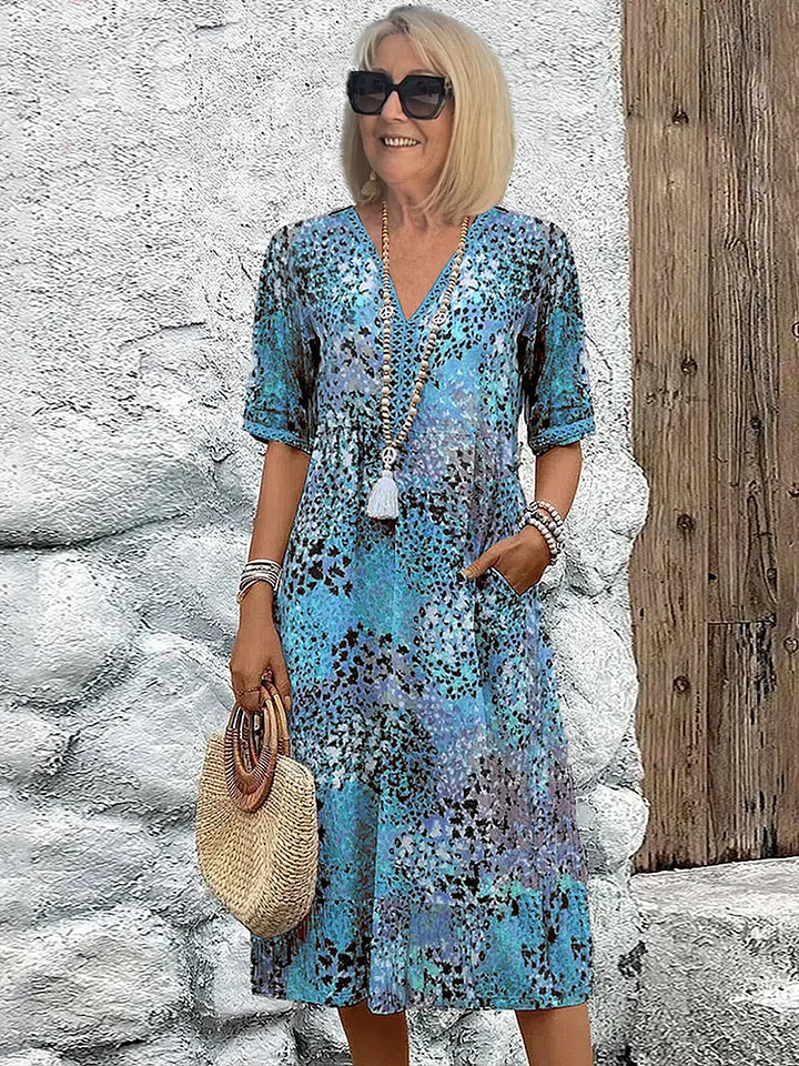 Robe midi pour femmes en mélange lin-coton | Encolure en V &amp; imprimé vivant | Coupe fluide, confortable &amp; élégante (S–3XL)