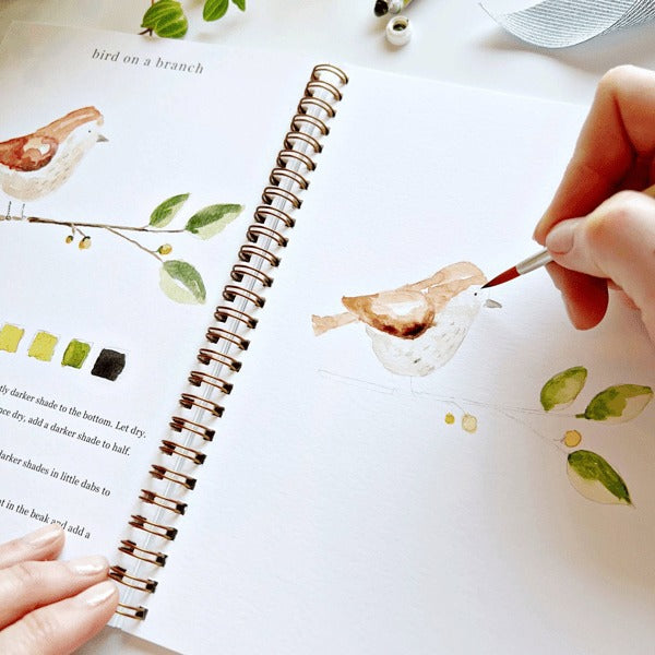 Cahier de travail aquarelle pour débutants | 12 motifs avec guide étape par étape | Papier 120 lb, 6,5"×9", mélange et peinture