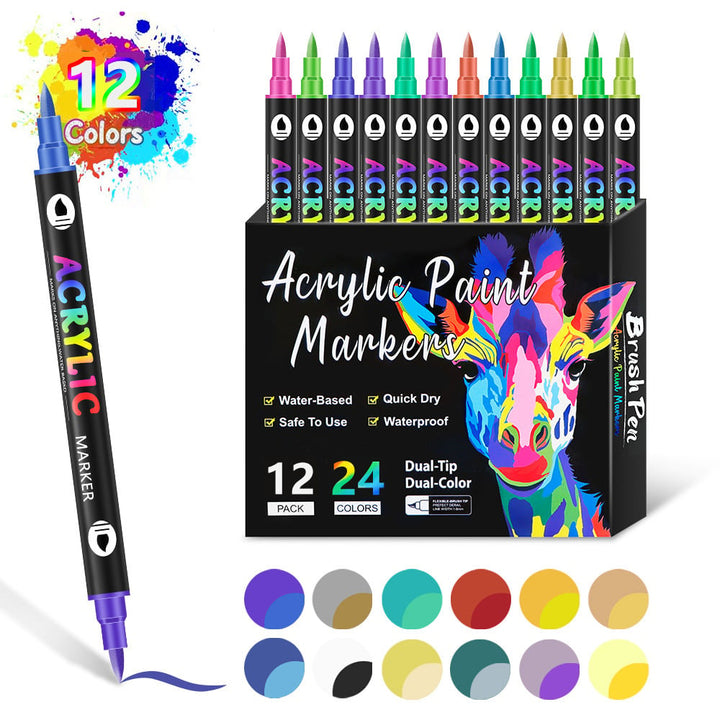 Acrylmarker Set mit Dual-Tip für kreative Projekte | Wasserbasiert, geruchslos &amp; wasserfest | 24–120 Farben