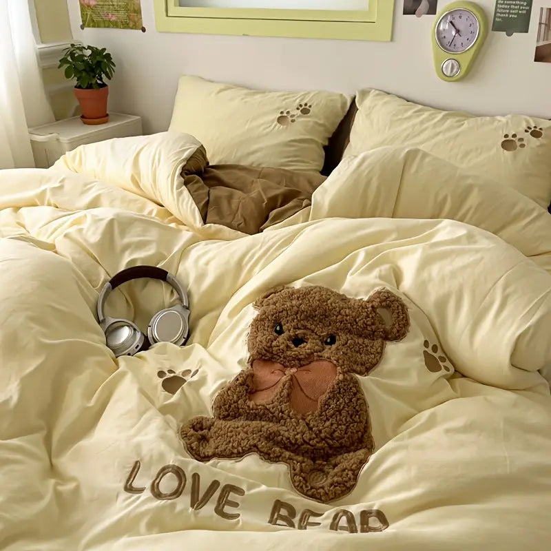 Teddy Bär Bettwäsche-Set 4-teilig | Kuschelige Bettwäsche mit Bettbezug, Spannbettlaken und 2 Kissenbezügen | Waschbar