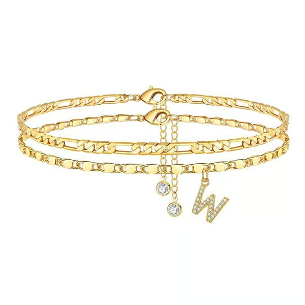 Chaîne de cheville lettres multicouches et réglable | Hypoallergénique, sans nickel ni plomb | Or/argent | 21,5 cm + 5 cm