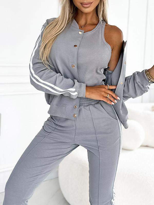 Damen 3-teiliges Set mit Baseballjacke, Racerback Top &amp; Jogginghose | Wärmend &amp; atmungsaktiv | Seitenstreifen Look | S–5XL