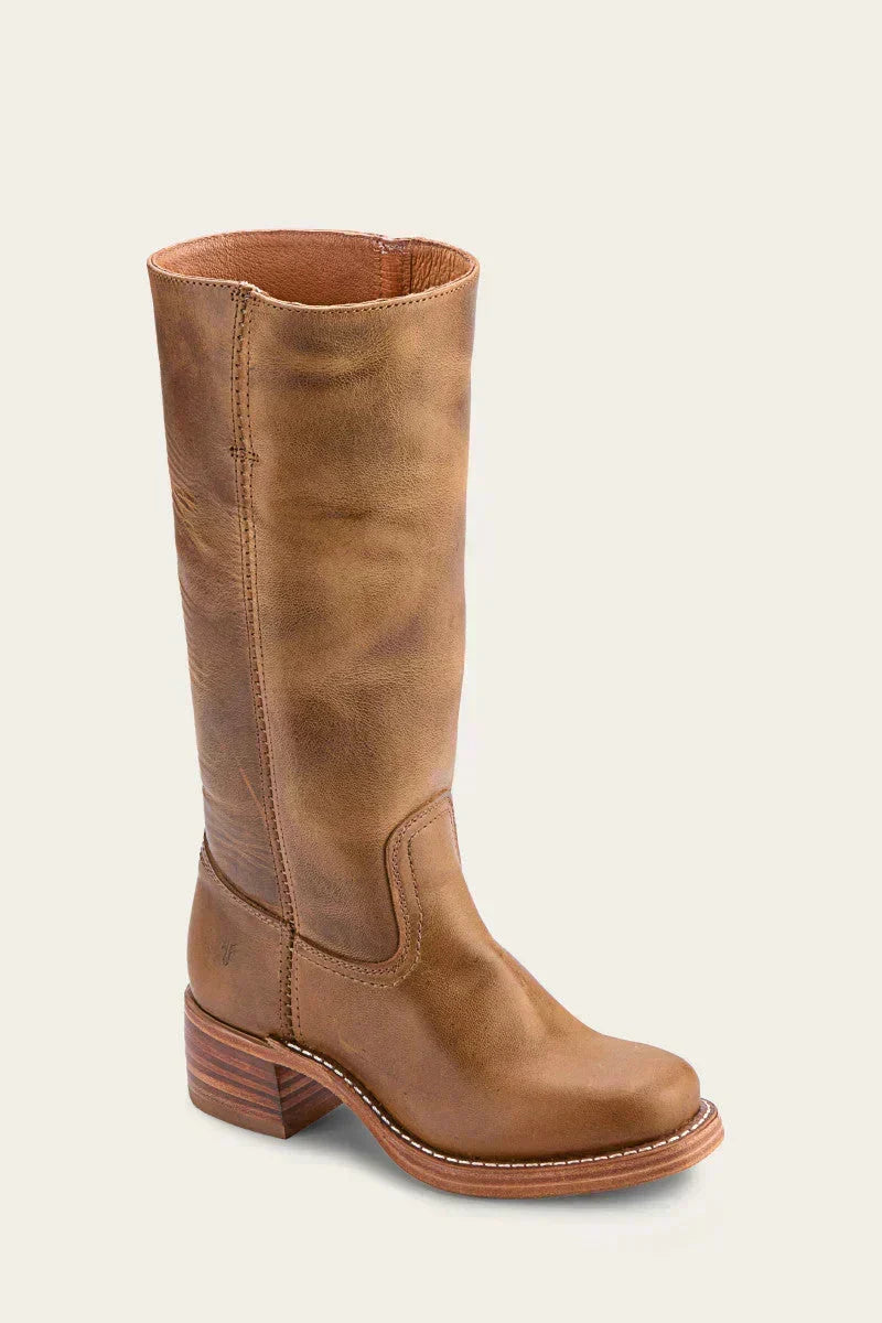 Damen Lederstiefel Westernstil | Kniehohe Stiefel aus Vollnarbenleder mit Blockabsatz und Ledersohle für Alltag und Events