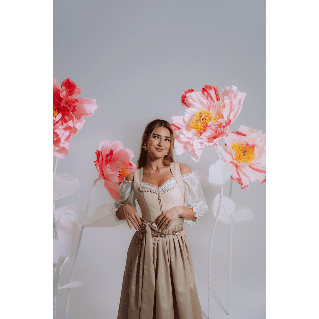 Damen Dirndl Beige | Midi Trachtenkleid mit Frontreißverschluss, Schürze und 70 cm Rocklänge